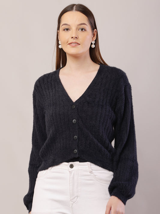 Nylon V-Neck with Full Sleeve Dark Blue Cardigan