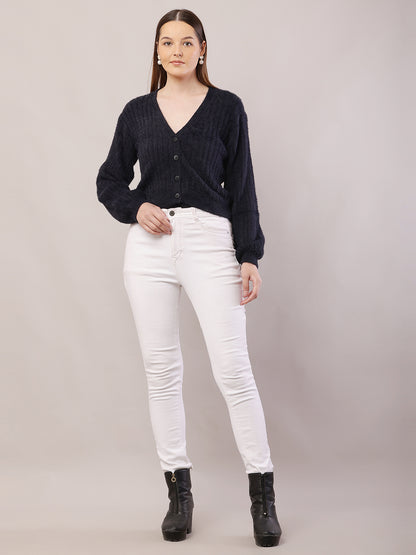 Nylon V-Neck with Full Sleeve Dark Blue Cardigan