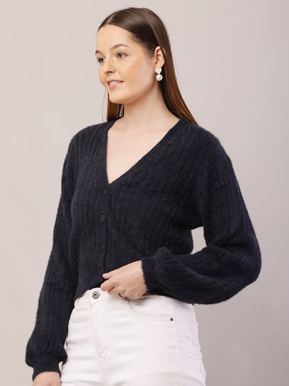Nylon V-Neck with Full Sleeve Dark Blue Cardigan