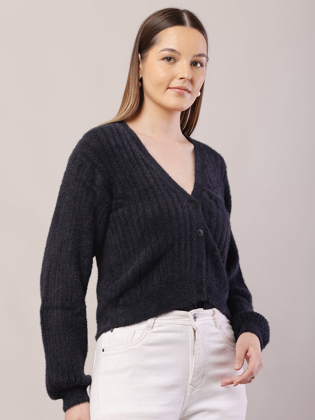 Nylon V-Neck with Full Sleeve Dark Blue Cardigan