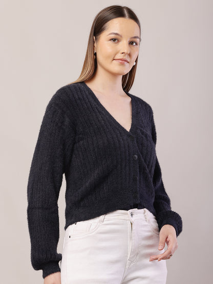 Nylon V-Neck with Full Sleeve Dark Blue Cardigan