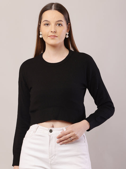Viscose Round Neck with Full Sleeve Crop Black Sweater