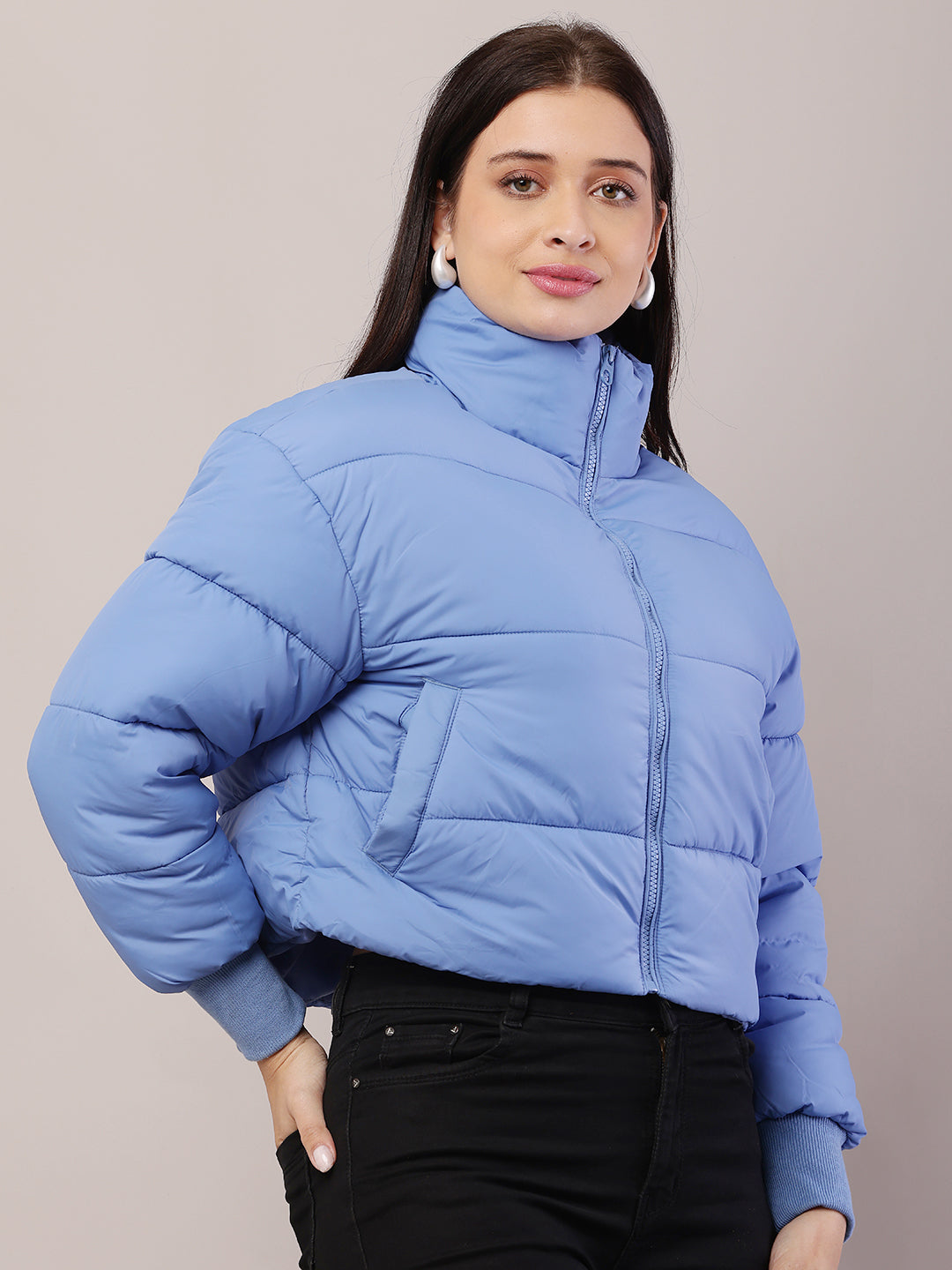 Polyester High-Neck with Full sleeve Blue Puffer Jacket