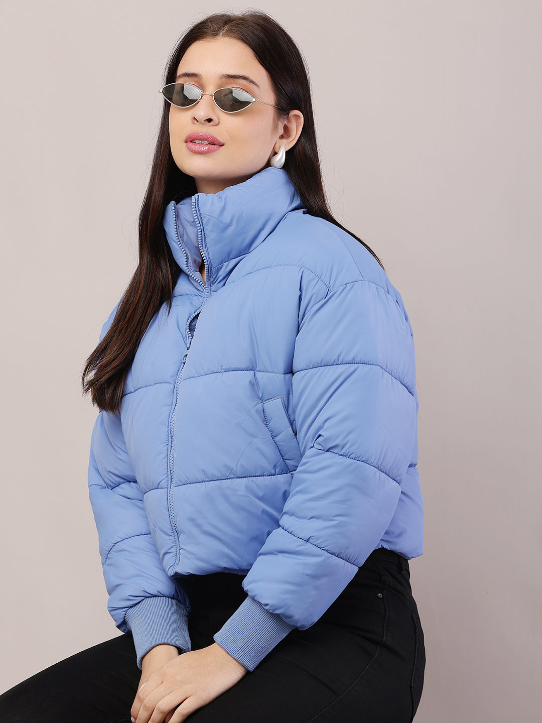 Polyester High-Neck with Full sleeve Blue Puffer Jacket