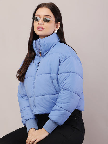 Polyester High-Neck with Full sleeve Blue Puffer Jacket