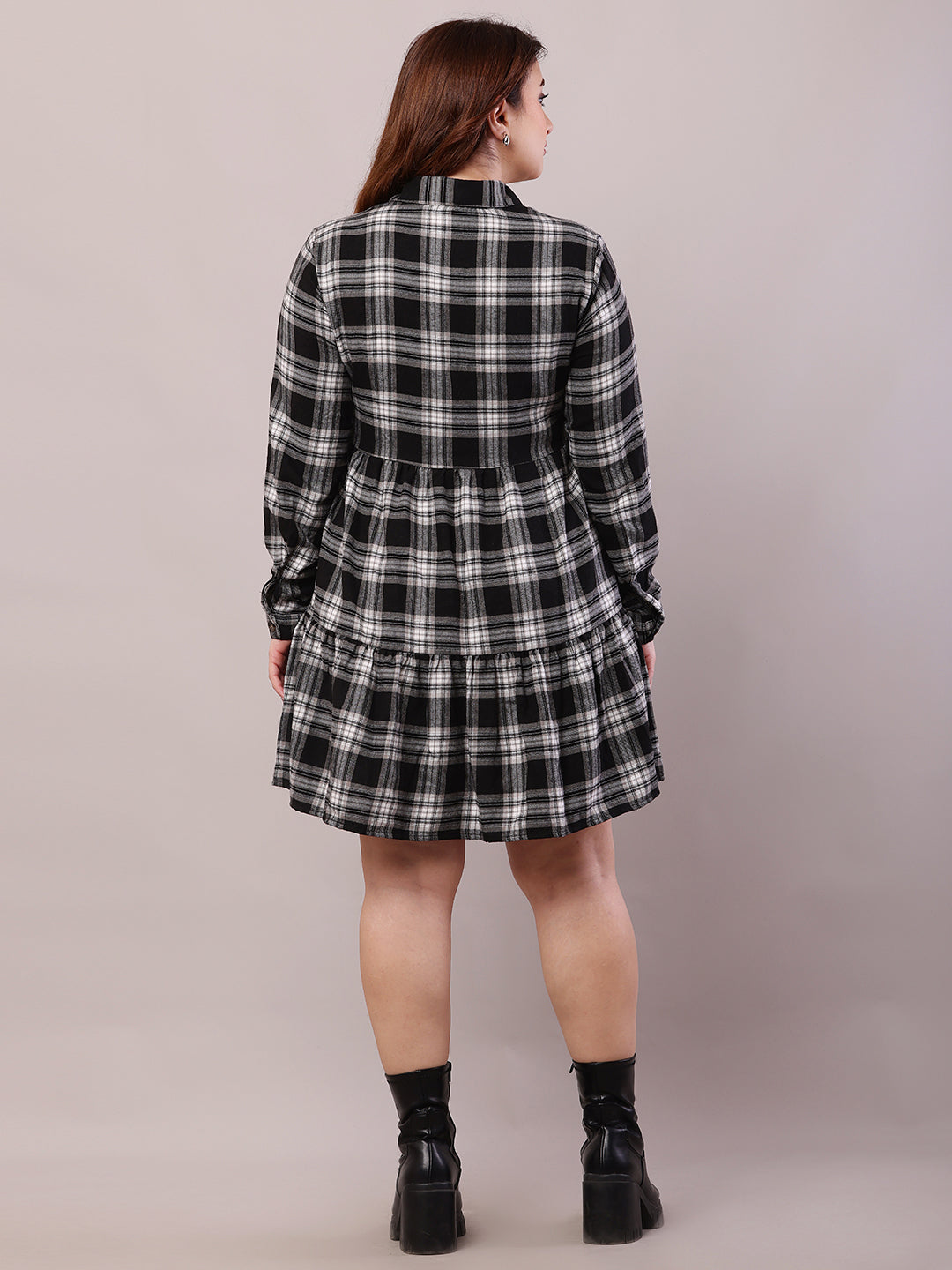 Polyester Full Sleeve with Shirt Collar Check Black A-line Dress