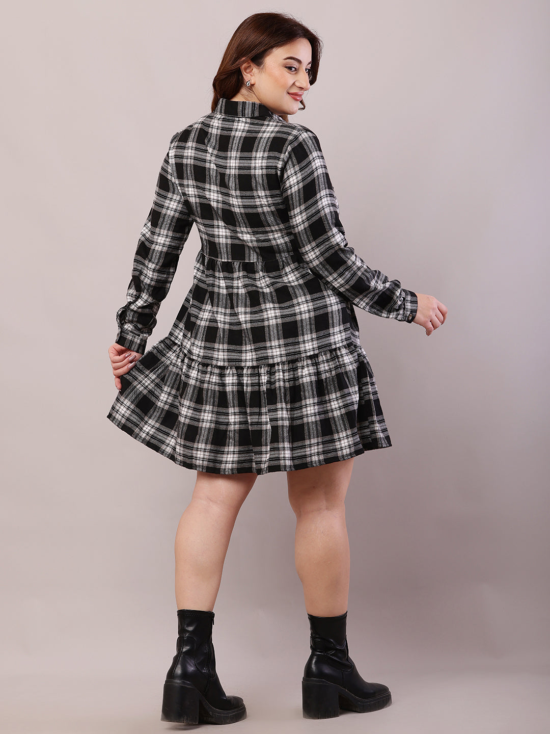 Polyester Full Sleeve with Shirt Collar Check Black A-line Dress