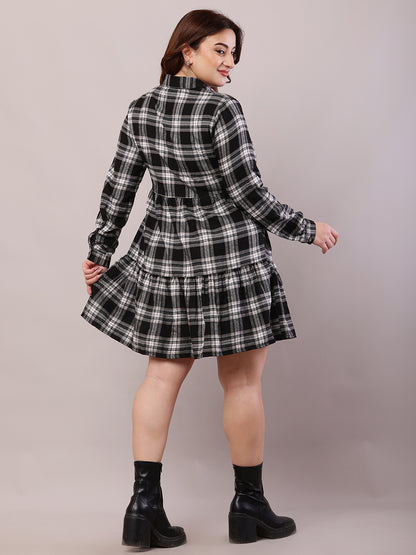 Polyester Full Sleeve with Shirt Collar Check Black A-line Dress