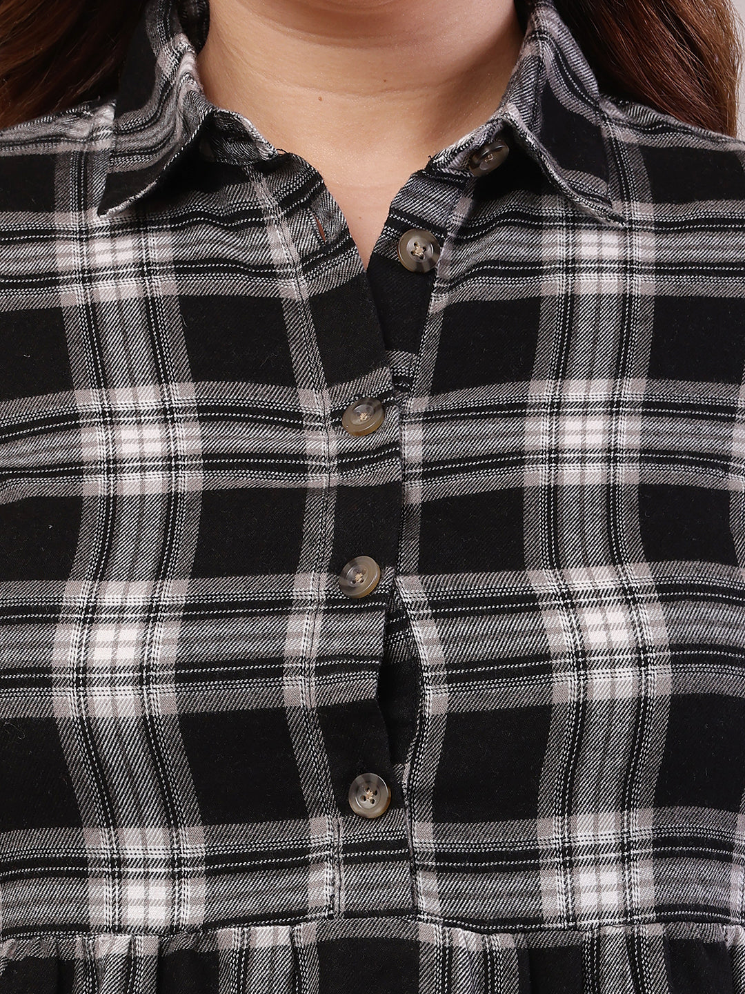 Polyester Full Sleeve with Shirt Collar Check Black A-line Dress
