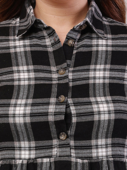 Polyester Full Sleeve with Shirt Collar Check Black A-line Dress