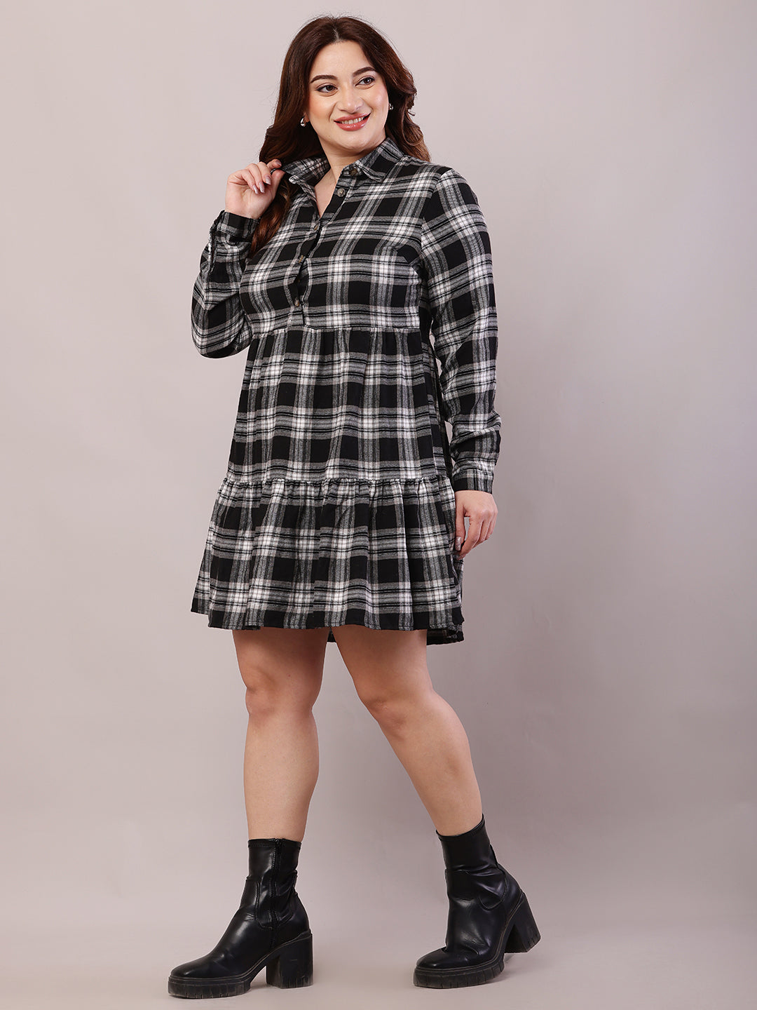 Polyester Full Sleeve with Shirt Collar Check Black A-line Dress