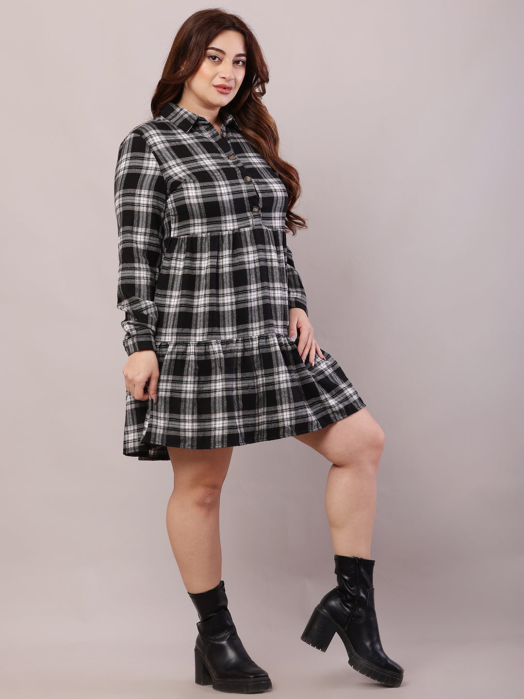 Polyester Full Sleeve with Shirt Collar Check Black A-line Dress