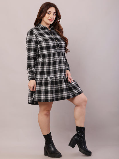 Polyester Full Sleeve with Shirt Collar Check Black A-line Dress