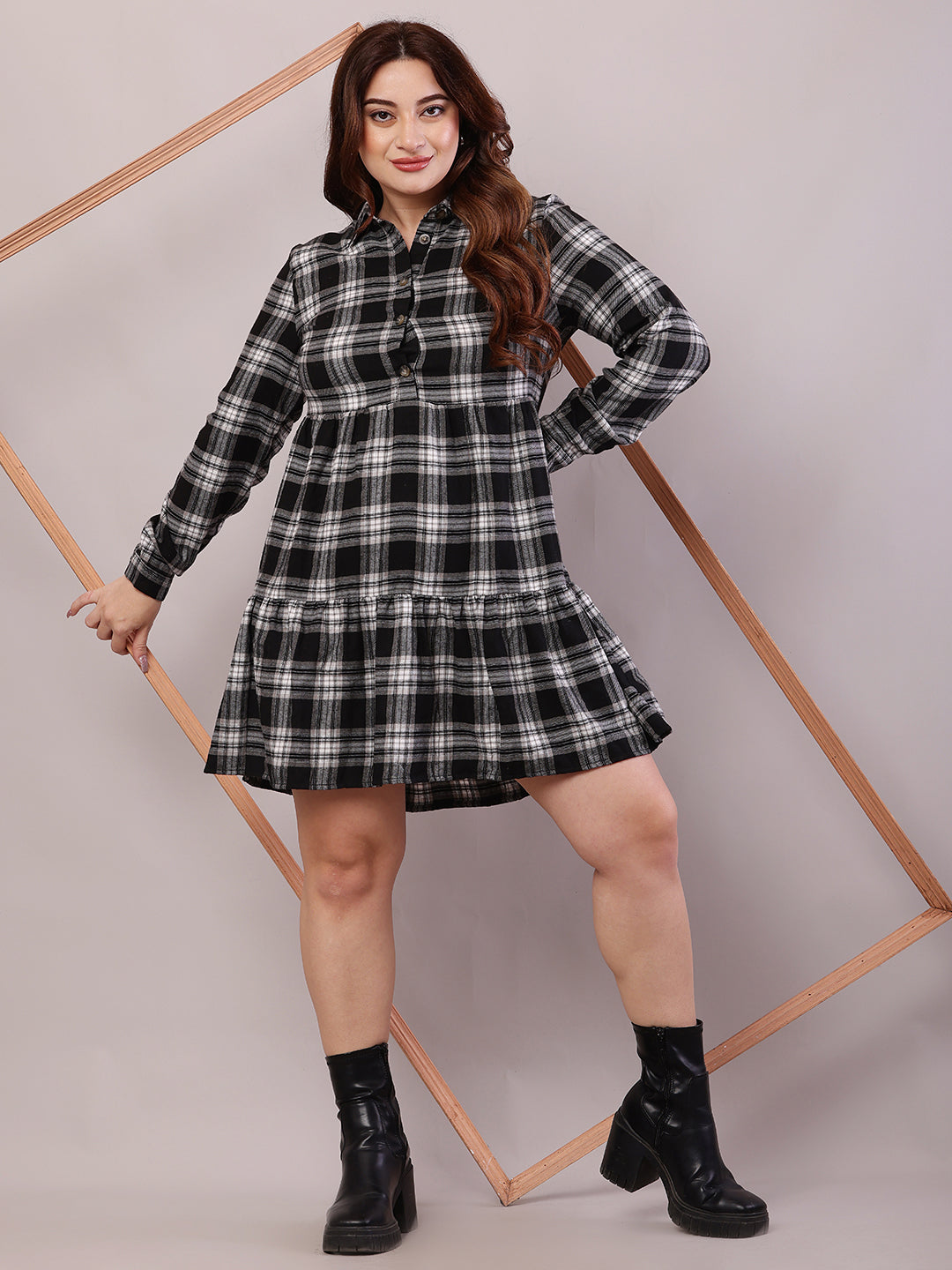 Polyester Full Sleeve with Shirt Collar Check Black A-line Dress