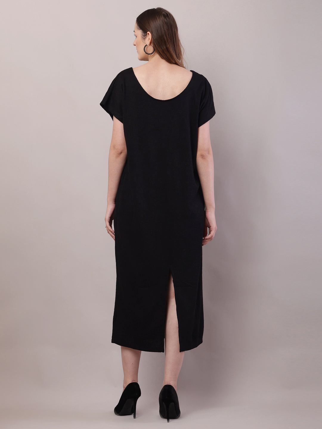 Polyester Round Neck with Half Sleeve Black Maxi Dress