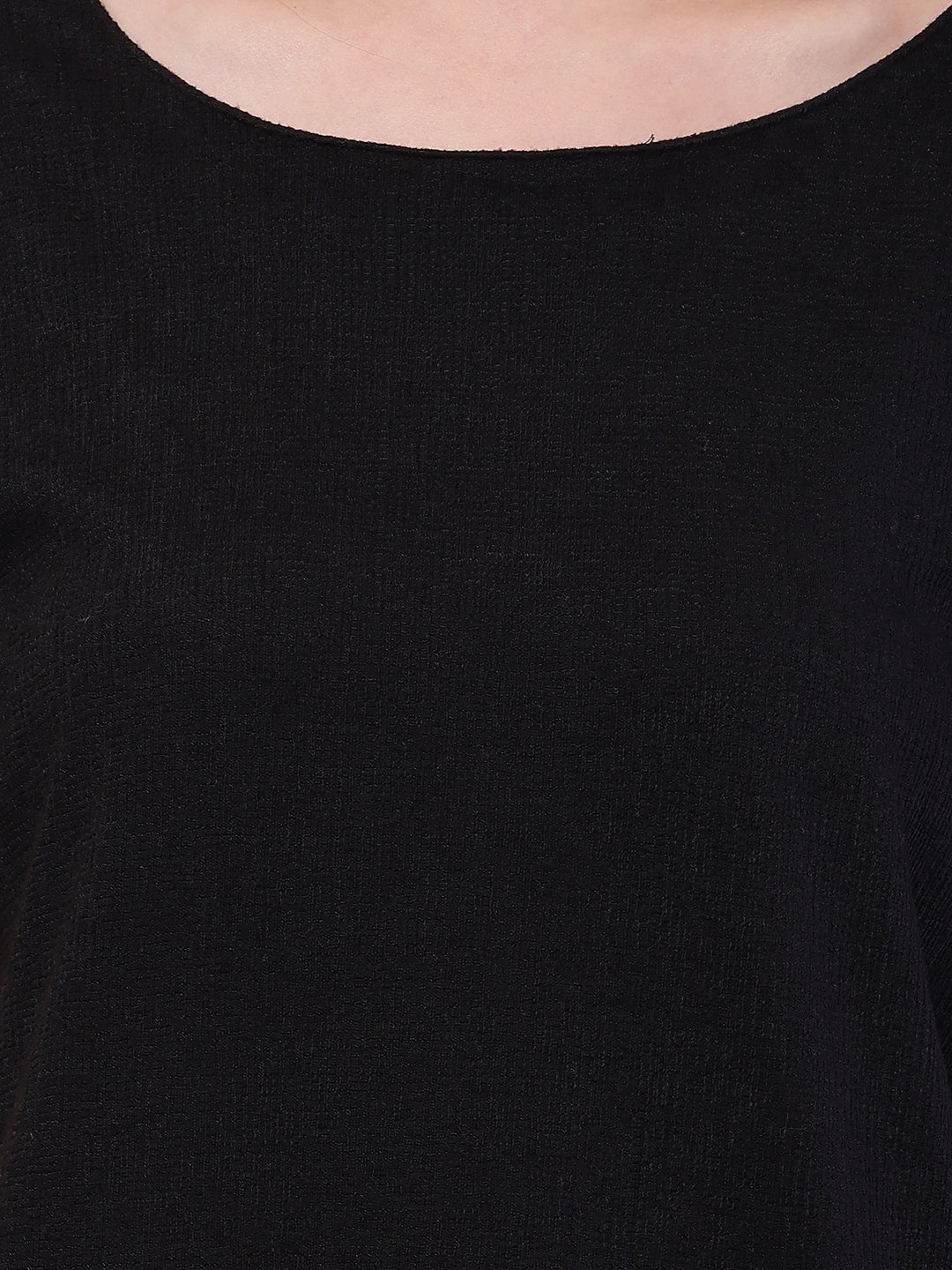 Polyester Round Neck with Half Sleeve Black Maxi Dress
