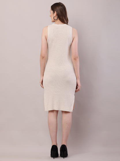 Viscose Round Neck with Sleeveless Ribbed Cream Shift Dress