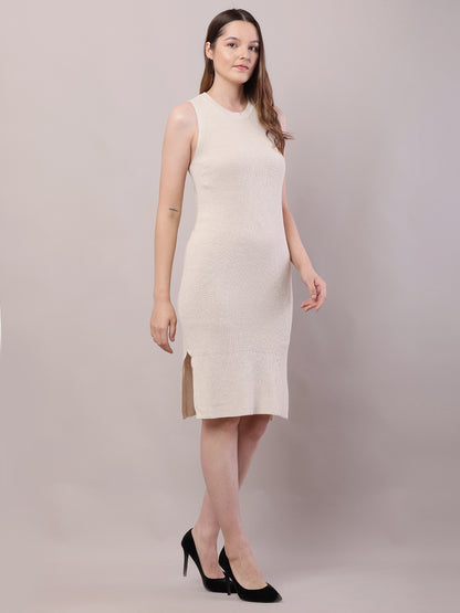 Viscose Round Neck with Sleeveless Ribbed Cream Shift Dress