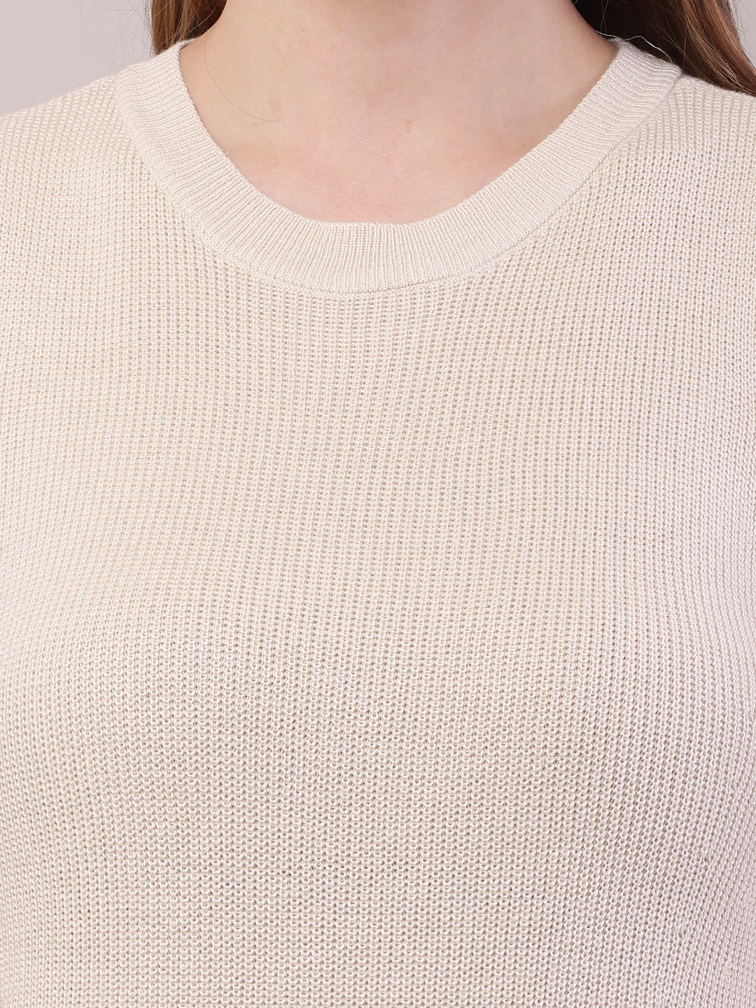 Viscose Round Neck with Sleeveless Ribbed Cream Shift Dress