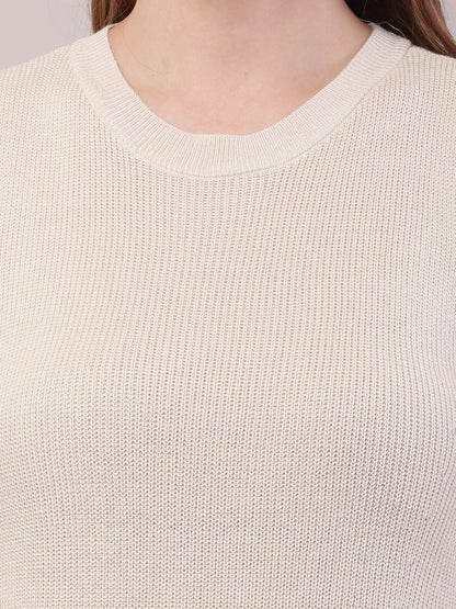 Viscose Round Neck with Sleeveless Ribbed Cream Shift Dress