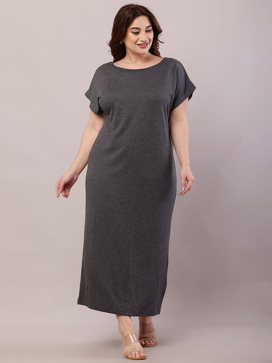 Polyester Boat Neck with short Sleeve Dark Grey Maxi Dress