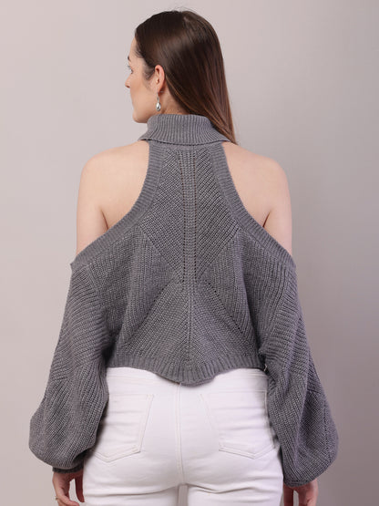 Acrylic Mock Neck with Full Sleeve Cold Shoulder Knitted Grey Sweater