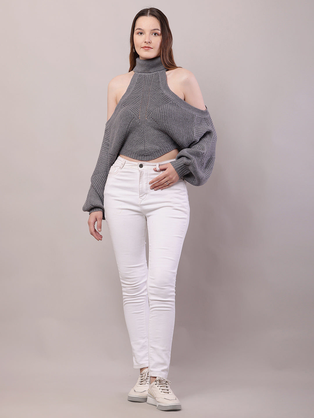 Acrylic Mock Neck with Full Sleeve Cold Shoulder Knitted Grey Sweater