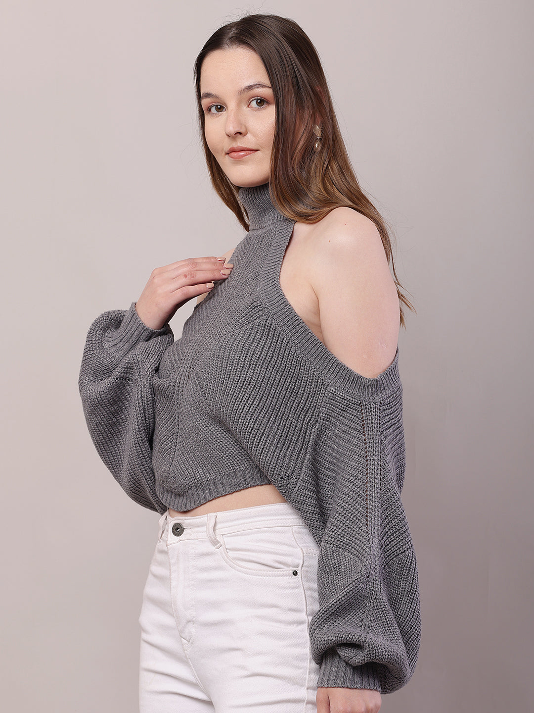 Acrylic Mock Neck with Full Sleeve Cold Shoulder Knitted Grey Sweater