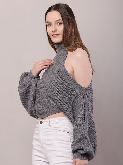 Acrylic Mock Neck with Full Sleeve Cold Shoulder Knitted Grey Sweater