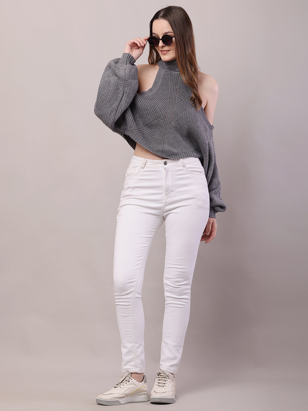 Acrylic Mock Neck with Full Sleeve Cold Shoulder Knitted Grey Sweater