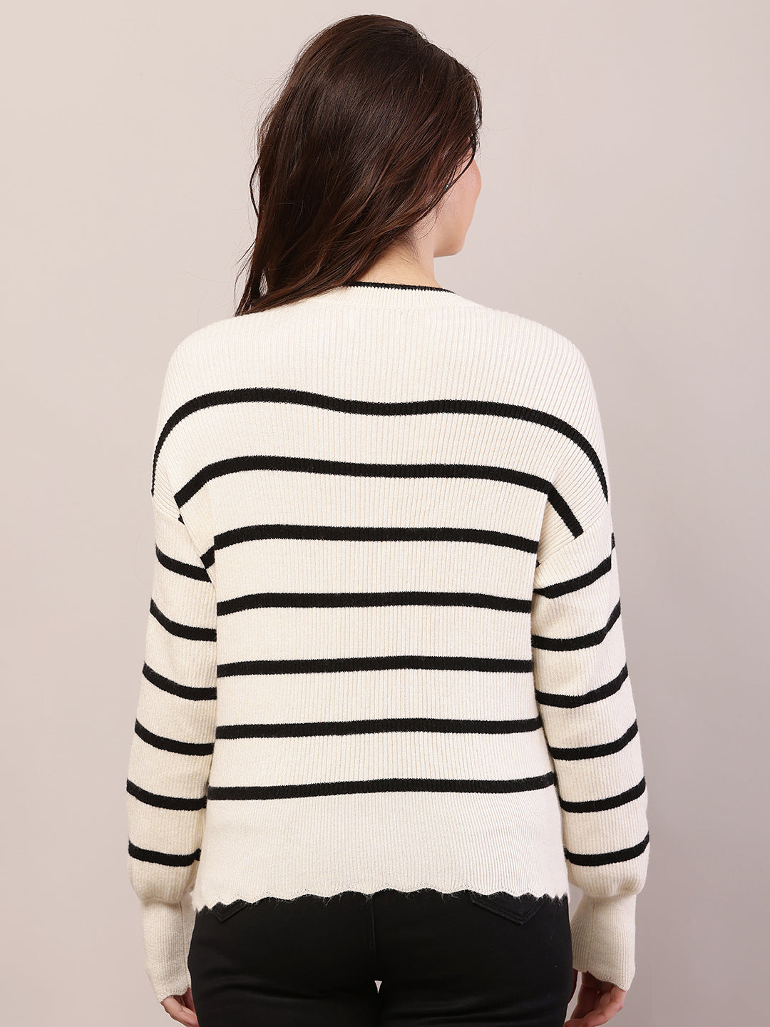Viscose Full Sleeve with Round Neck Striped Black and Cream Sweater