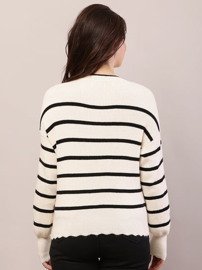Viscose Full Sleeve with Round Neck Striped Black and Cream Sweater