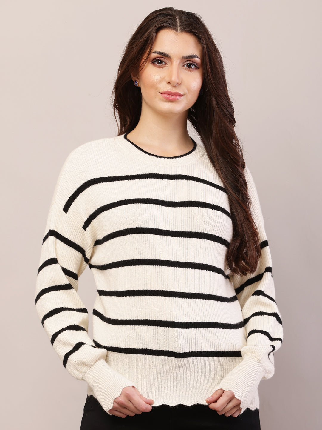 Viscose Full Sleeve with Round Neck Striped Black and Cream Sweater