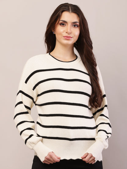Viscose Full Sleeve with Round Neck Striped Black and Cream Sweater