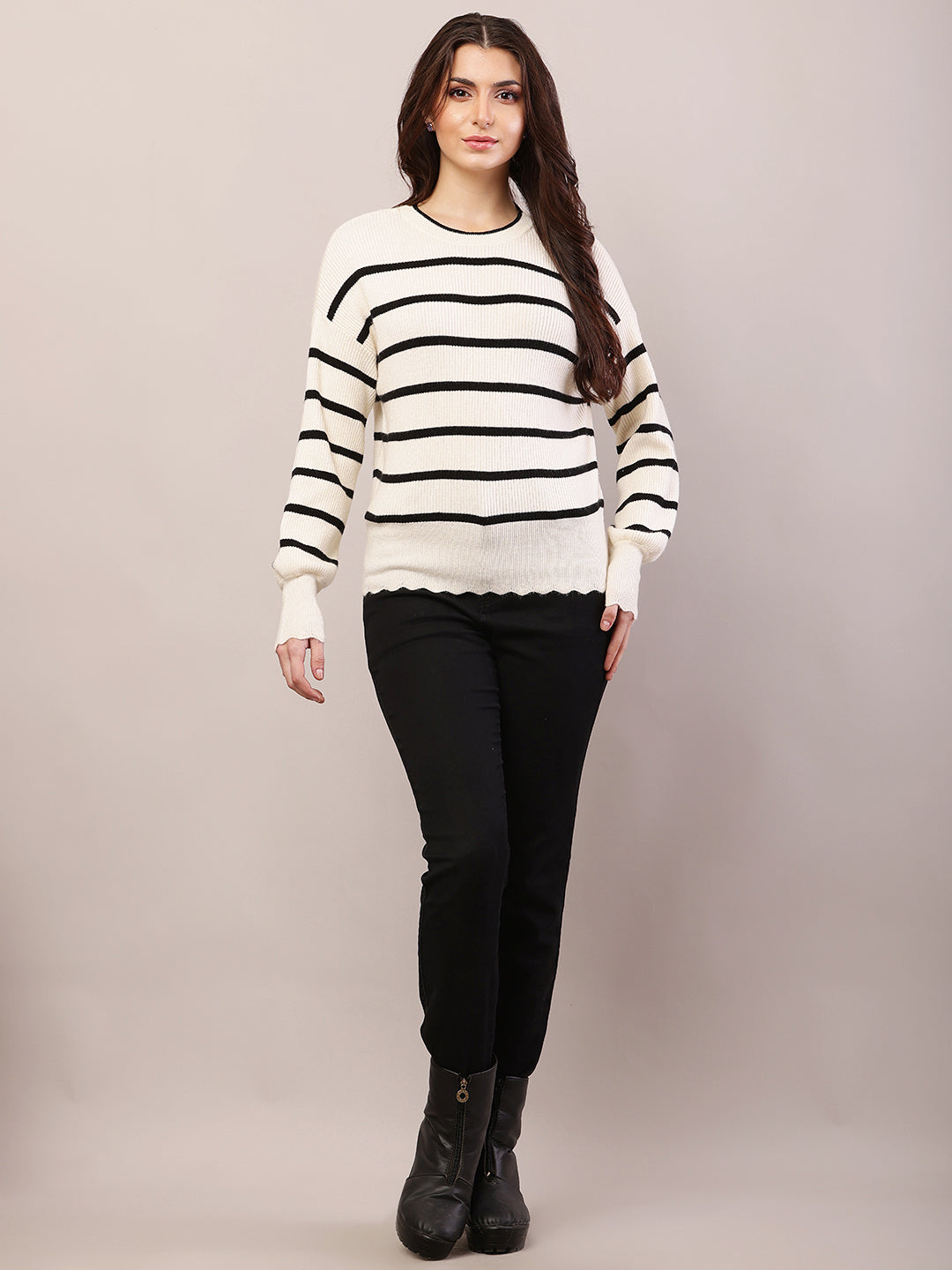 Viscose Full Sleeve with Round Neck Striped Black and Cream Sweater