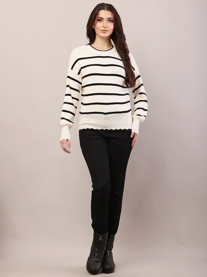 Viscose Full Sleeve with Round Neck Striped Black and Cream Sweater