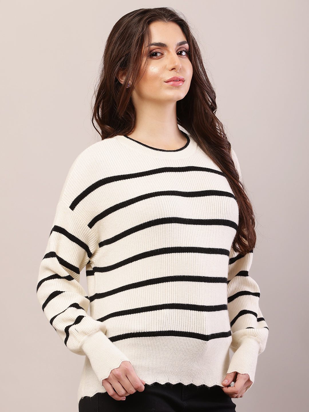 Viscose Full Sleeve with Round Neck Striped Black and Cream Sweater