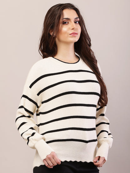 Viscose Full Sleeve with Round Neck Striped Black and Cream Sweater