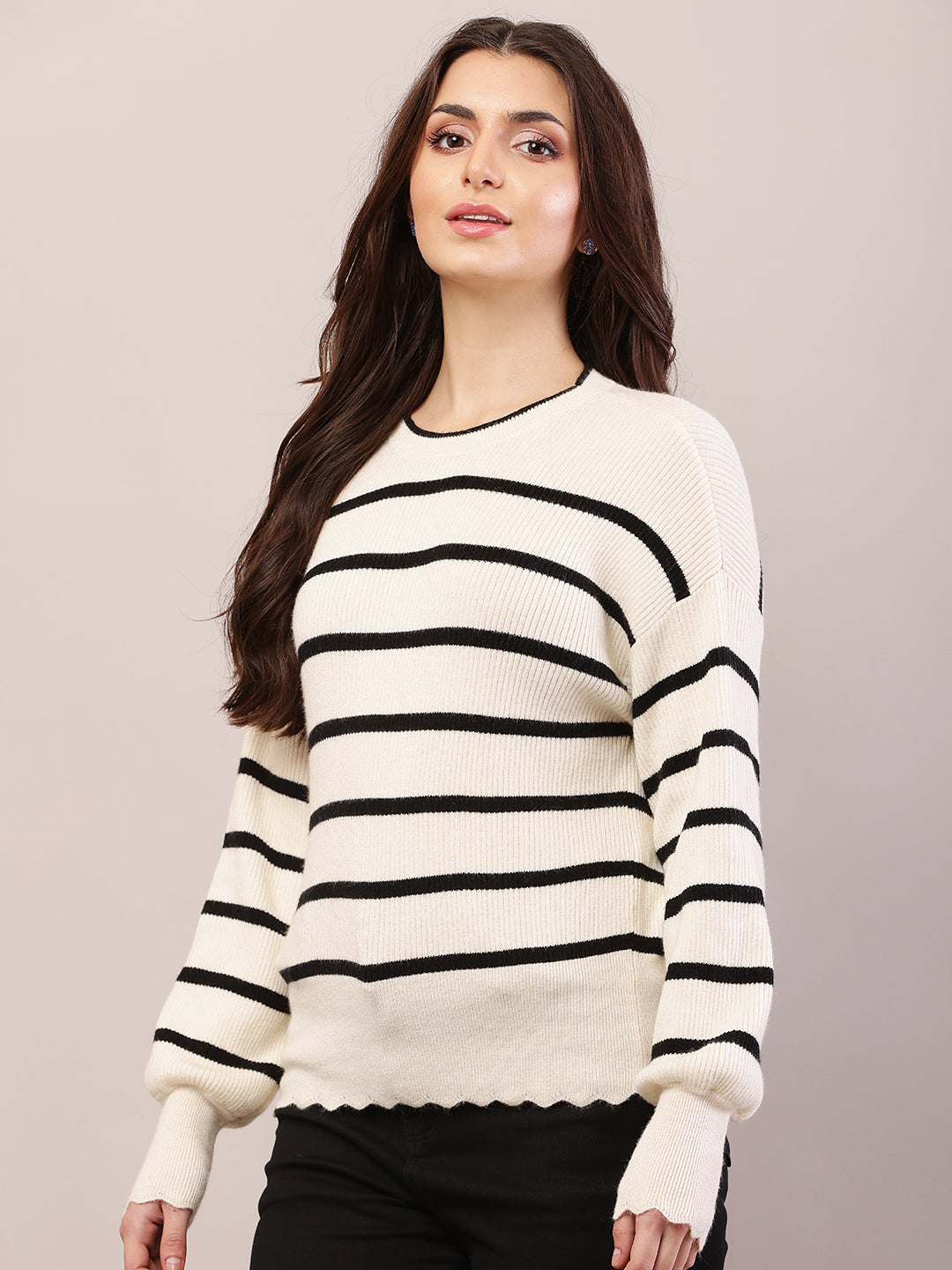 Viscose Full Sleeve with Round Neck Striped Black and Cream Sweater