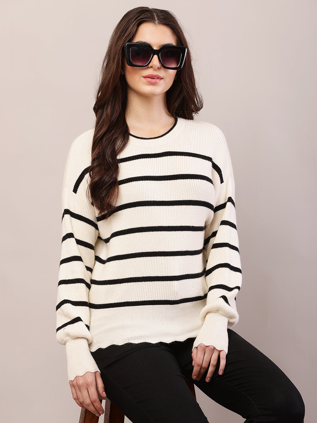 Viscose Full Sleeve with Round Neck Striped Black and Cream Sweater