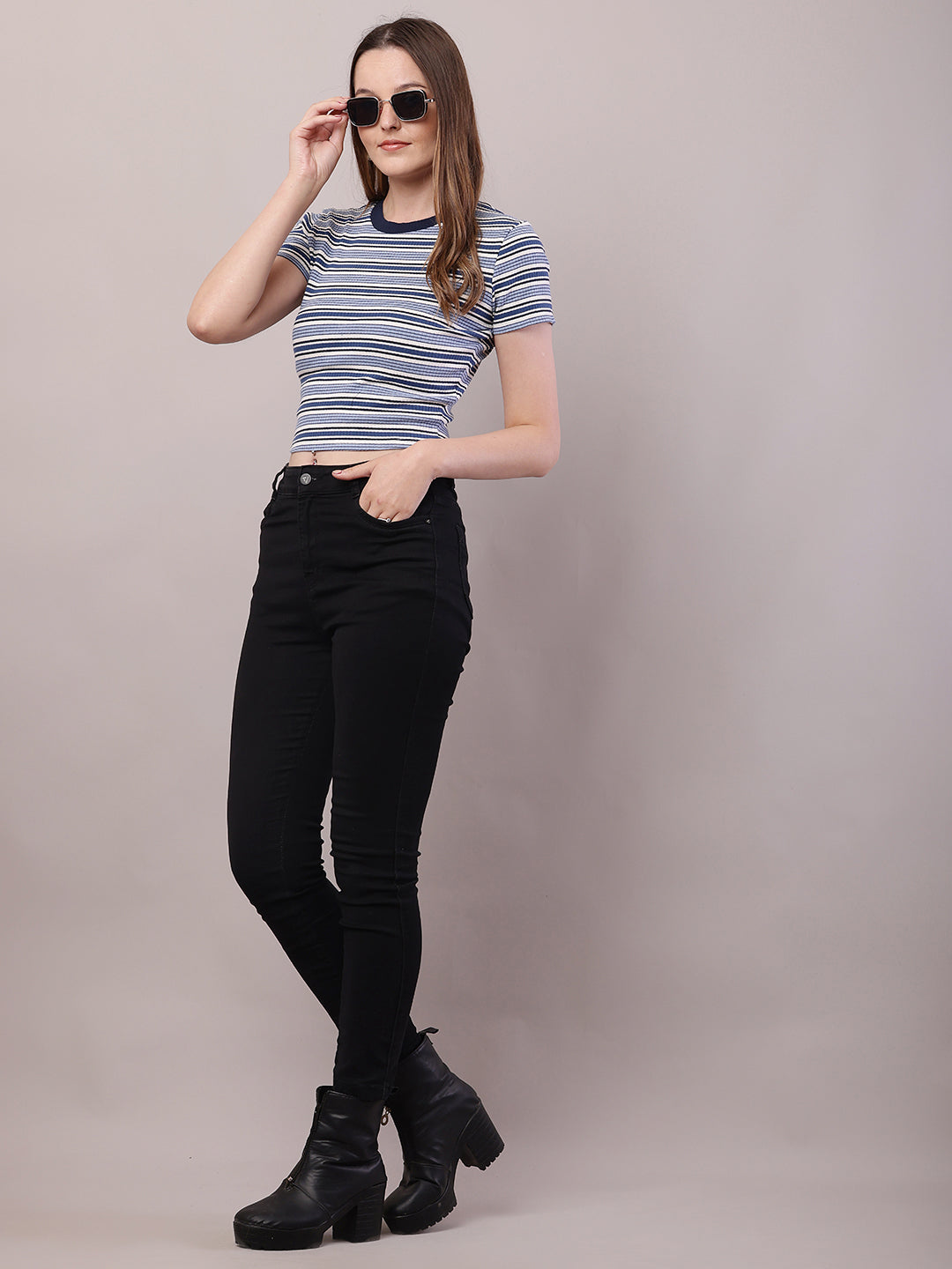 Cotton Round Neck with Short Sleeve Blue and white Stripe Top
