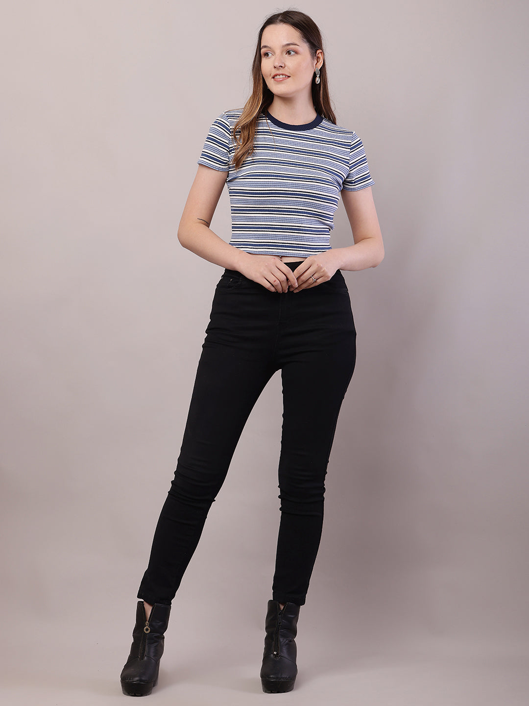 Cotton Round Neck with Short Sleeve Blue and white Stripe Top