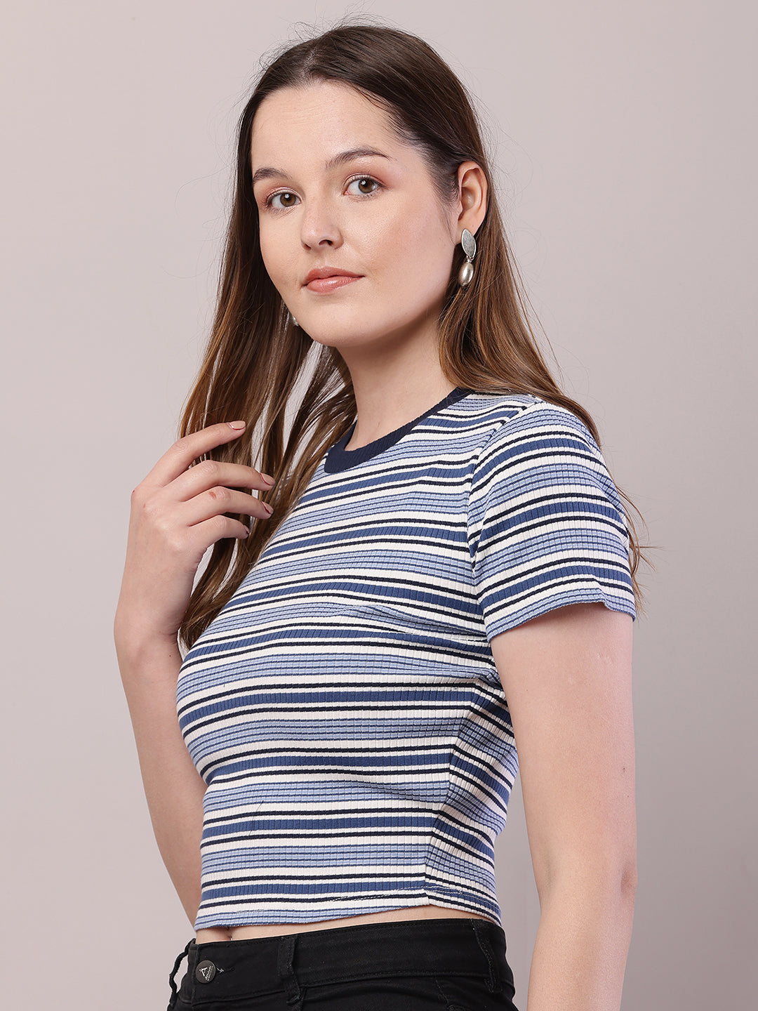 Cotton Round Neck with Short Sleeve Blue and white Stripe Top