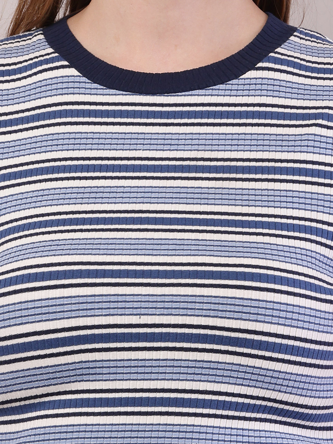 Cotton Round Neck with Short Sleeve Blue and white Stripe Top