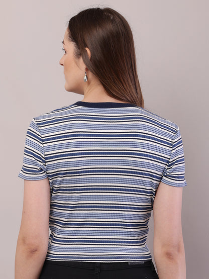 Cotton Round Neck with Short Sleeve Blue and white Stripe Top