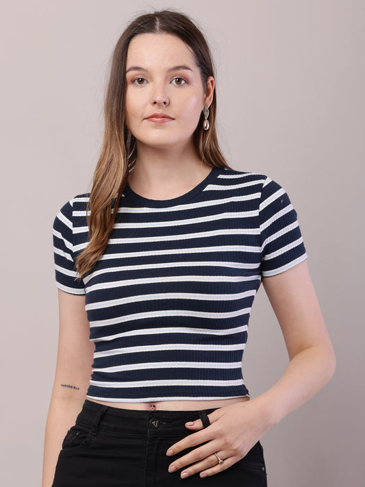 Cotton Round Neck with Short Sleeve Dark Blue and white Stripe Top