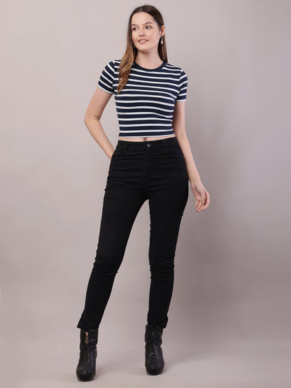 Cotton Round Neck with Short Sleeve Dark Blue and white Stripe Top