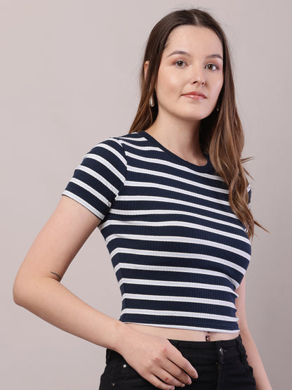 Cotton Round Neck with Short Sleeve Dark Blue and white Stripe Top