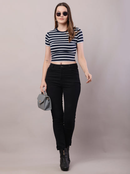 Cotton Round Neck with Short Sleeve Dark Blue and white Stripe Top
