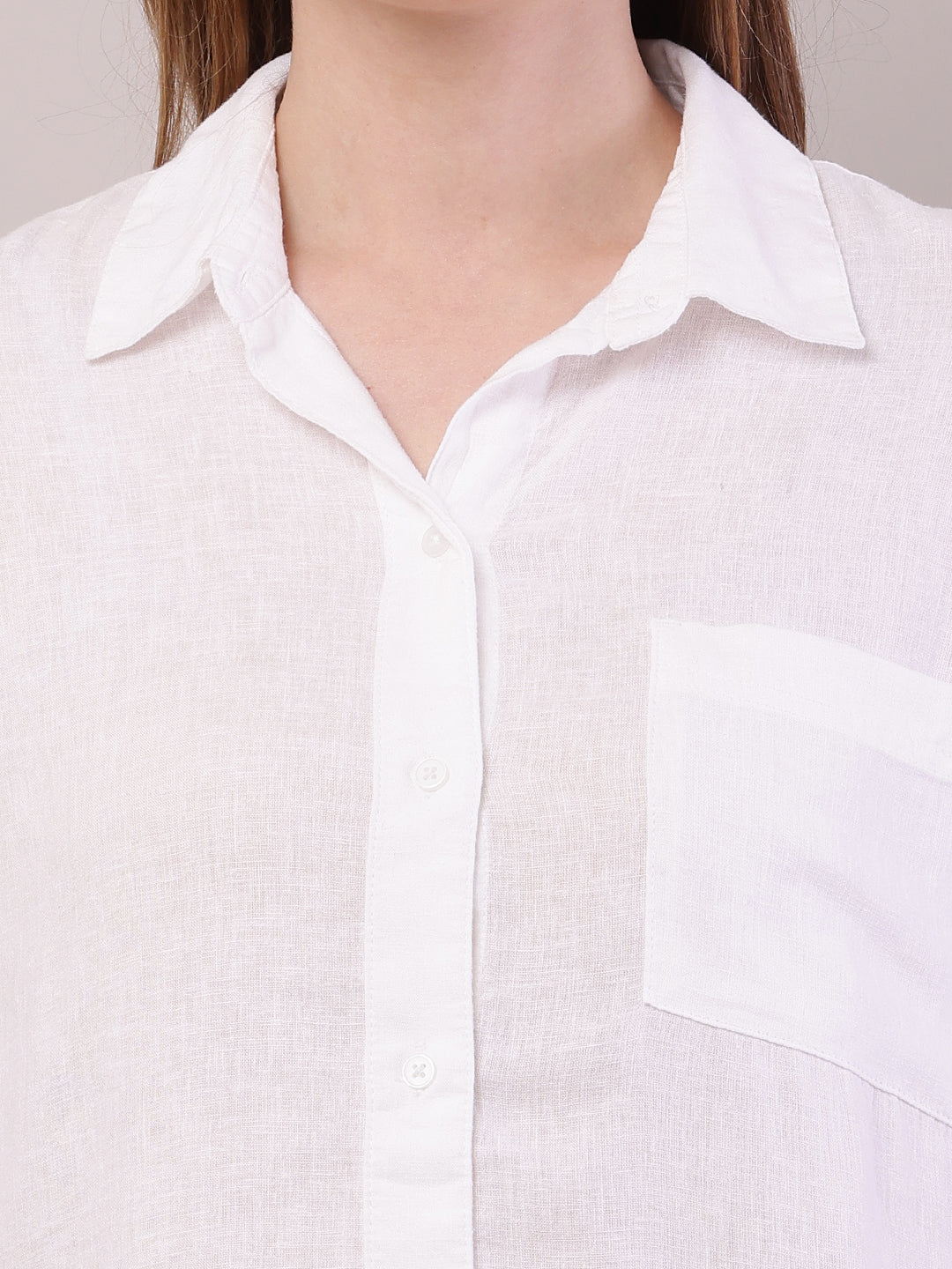 Linen Shirt Collar with Full Sleeve High-Low White Shirt